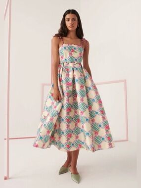 Celia B NWT Palau Midi Dress Pink Rose Blue Gingham Spaghetti Strap Full Dress L